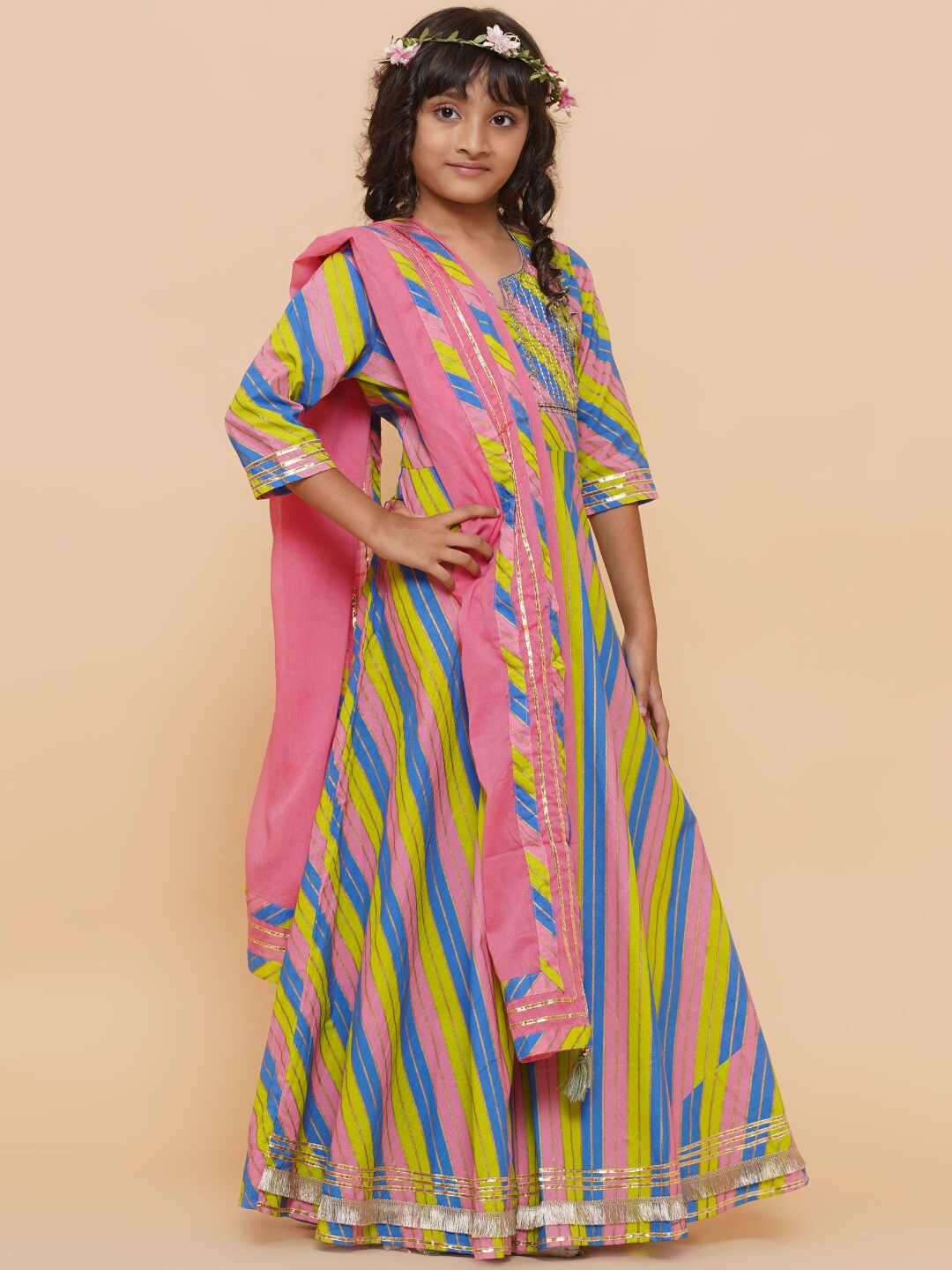 

titliyan Girls Pink & Green Striped Maxi Ethnic Dress