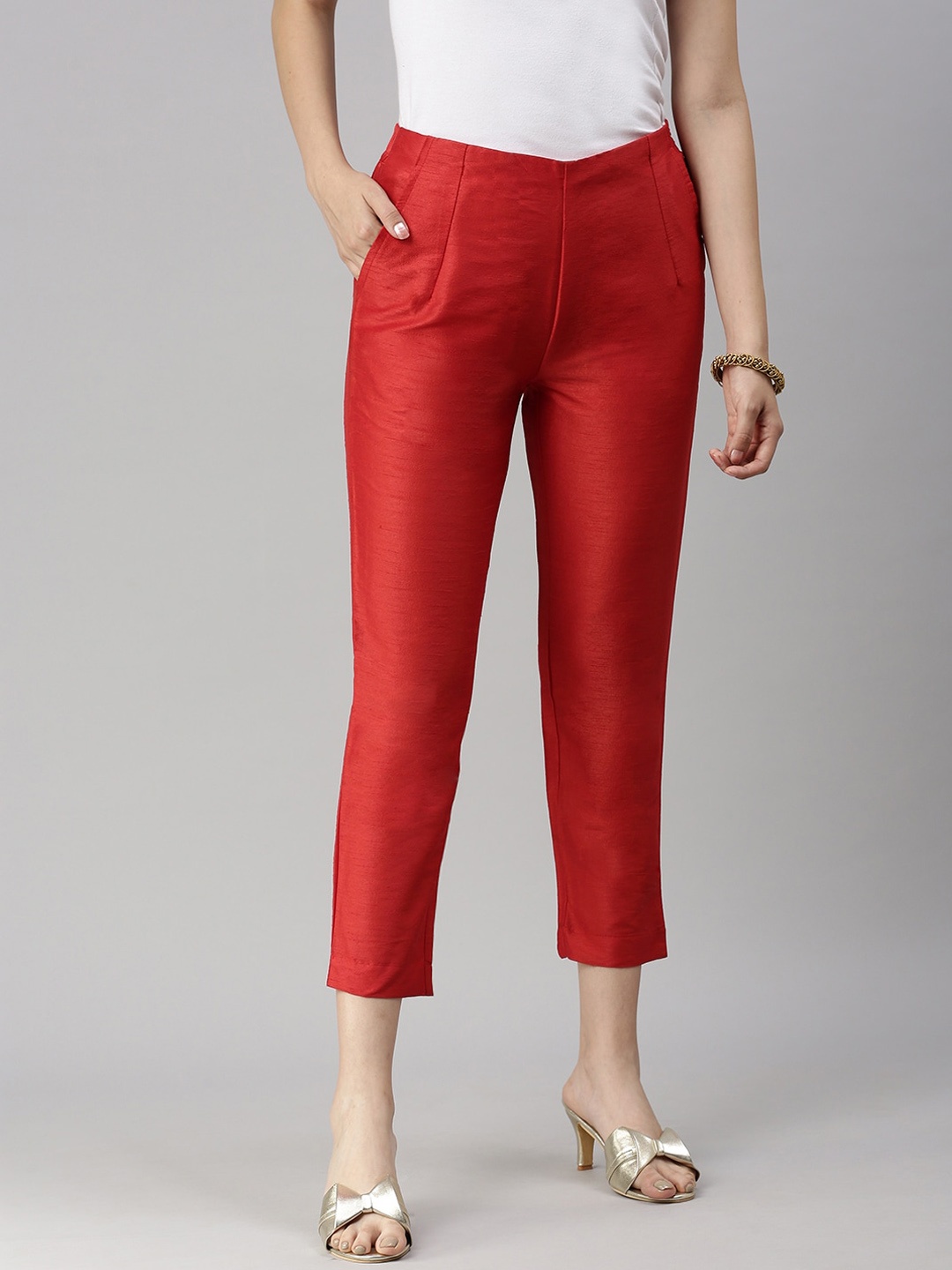

De Moza Women Red Solid Polyester Cigarette Trousers