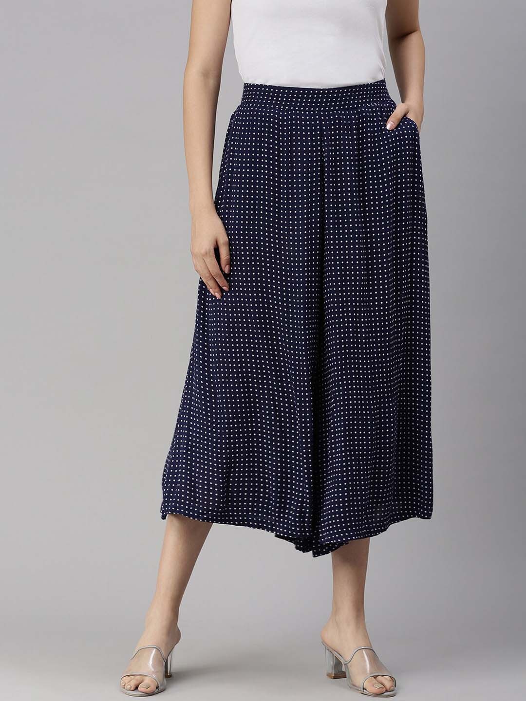 

De Moza Women Navy Blue Checked Loose Fit Pleated Polyester Culottes Trousers