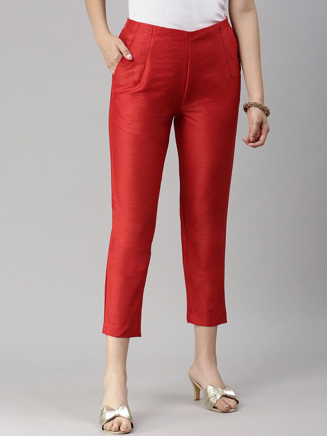 

De Moza Women Red Solid Polyester Cigarette Trousers