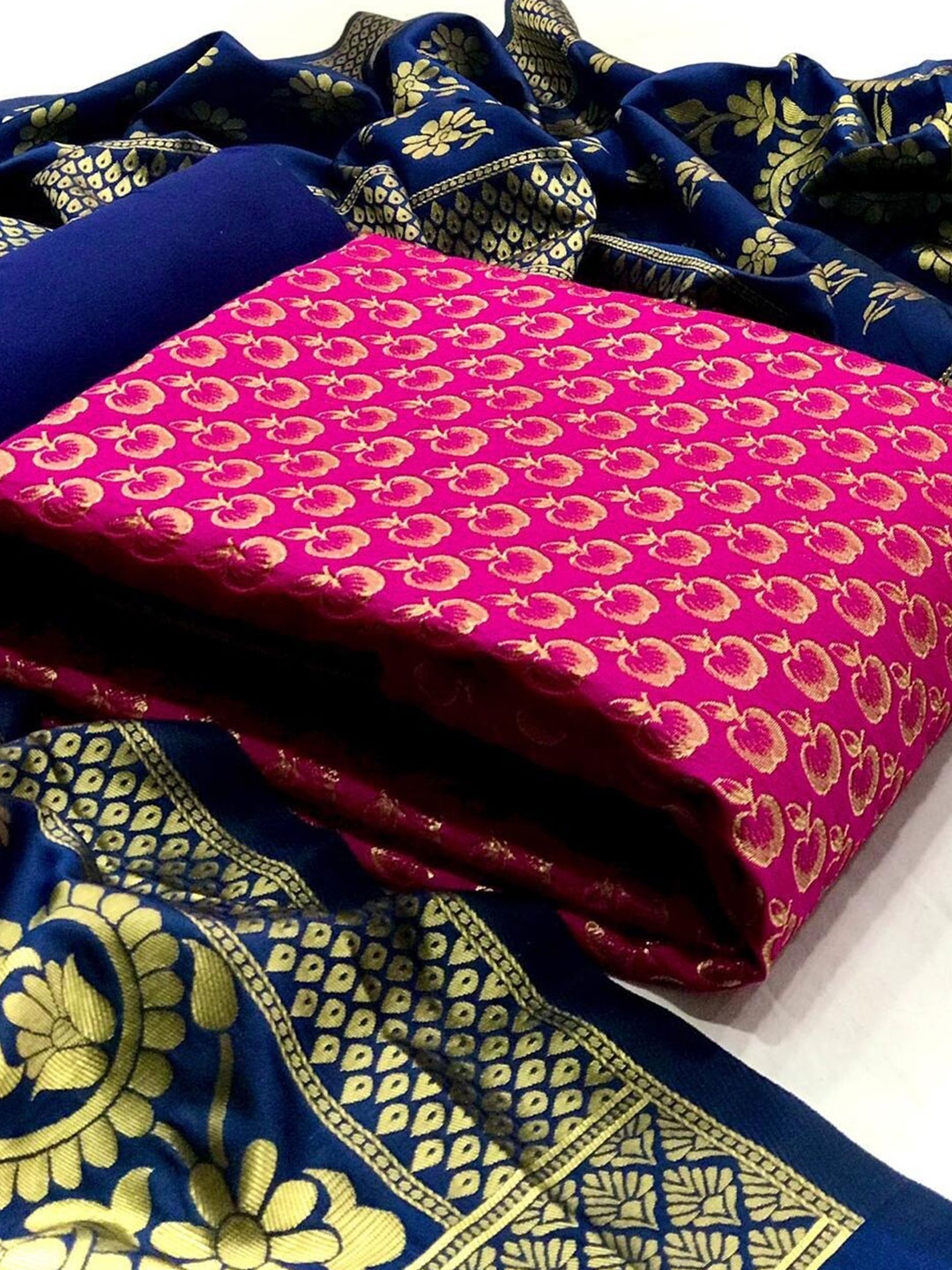 

Ethnic Junction Pink & Navy Blue Unstitched Banarasi Salwari Suit Dress Material