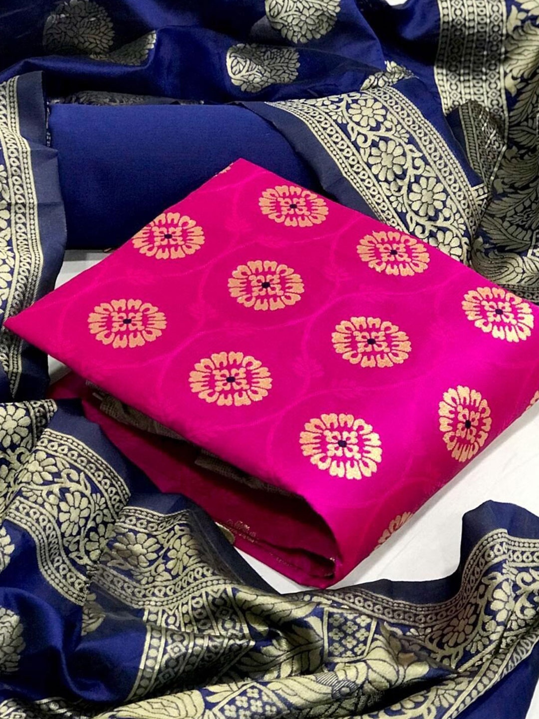 

Ethnic Junction Pink & Navy Blue Unstitched Banarasi Salwari Suit Dress Material