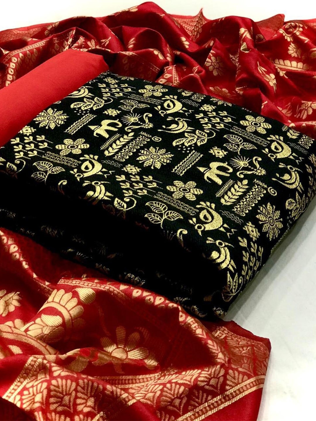 

Ethnic Junction Black & Red Unstitched Banarasi Salwari Suit Dress Material