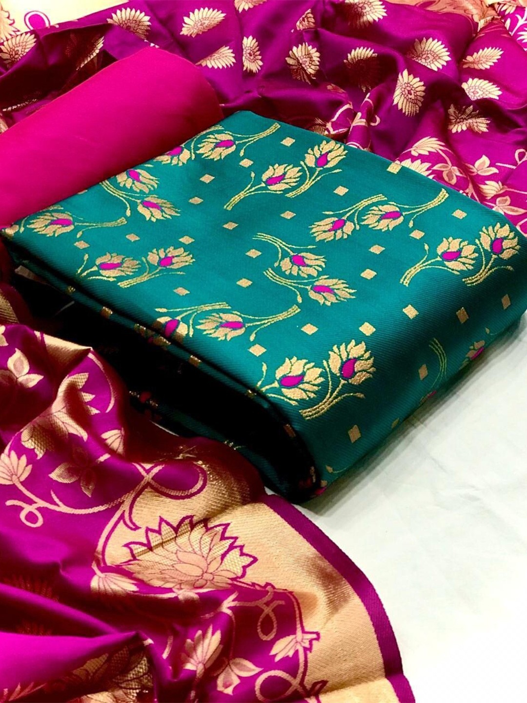 

Ethnic Junction Green & Purple Unstitched Banarasi Salwari Suit Dress Material