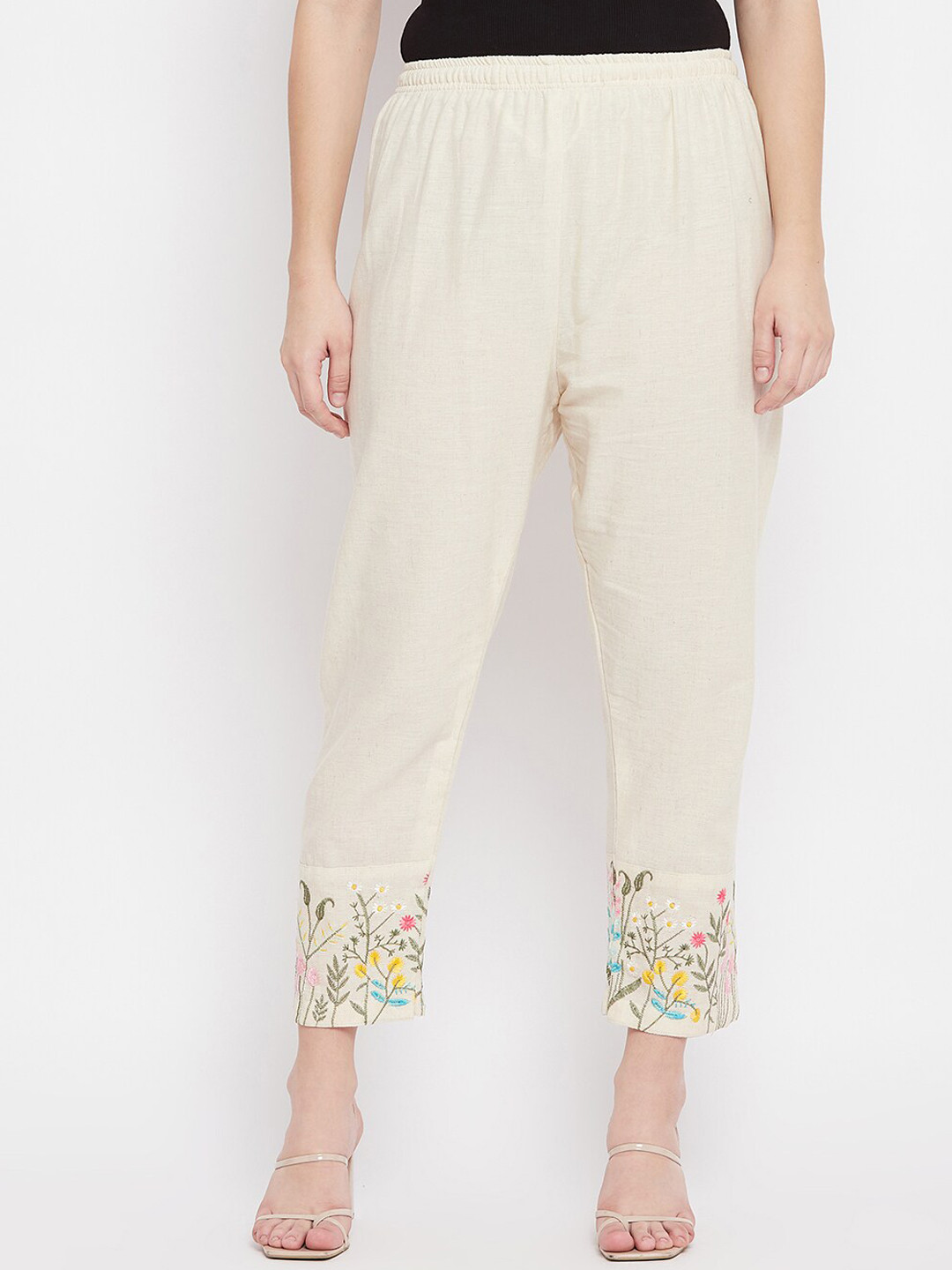 

Clora Creation Women Beige Floral Embroidered Cotton Trousers