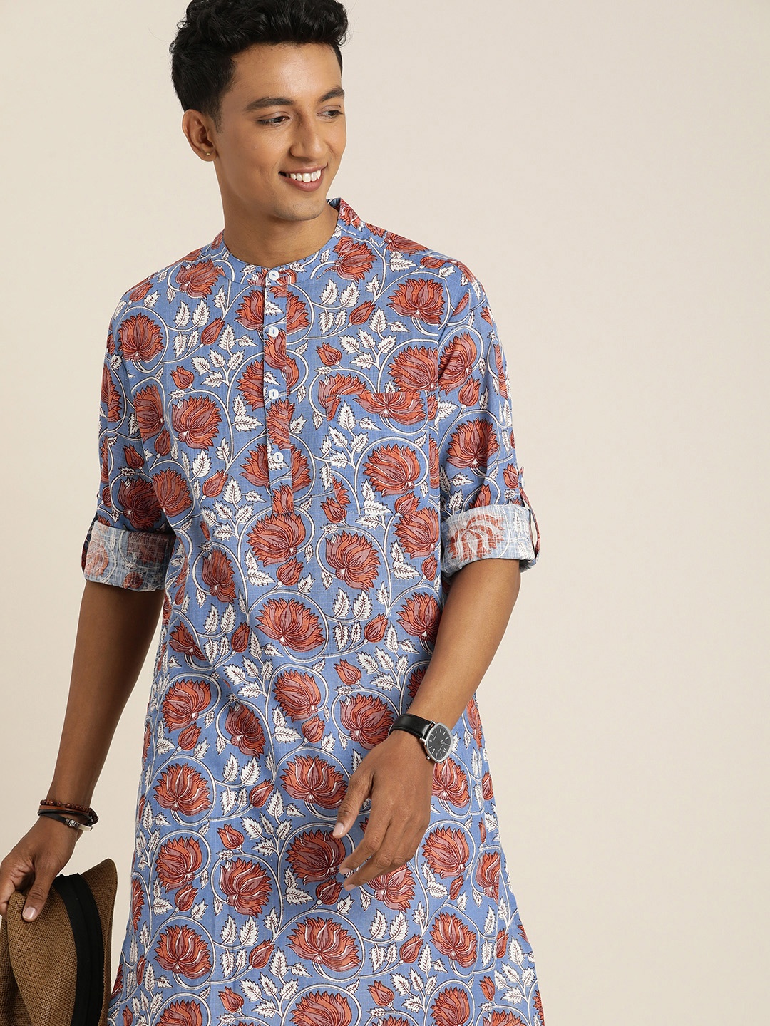 

Taavi Men Sanganeri Floral Printed Regular Pure Cotton Kurta with Trousers, Blue