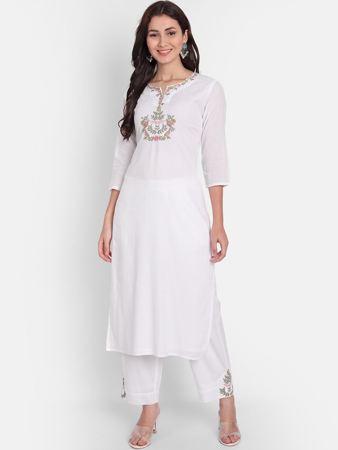 

SUTI Women White Floral Embroidered Pure Cotton Kurta With Trousers