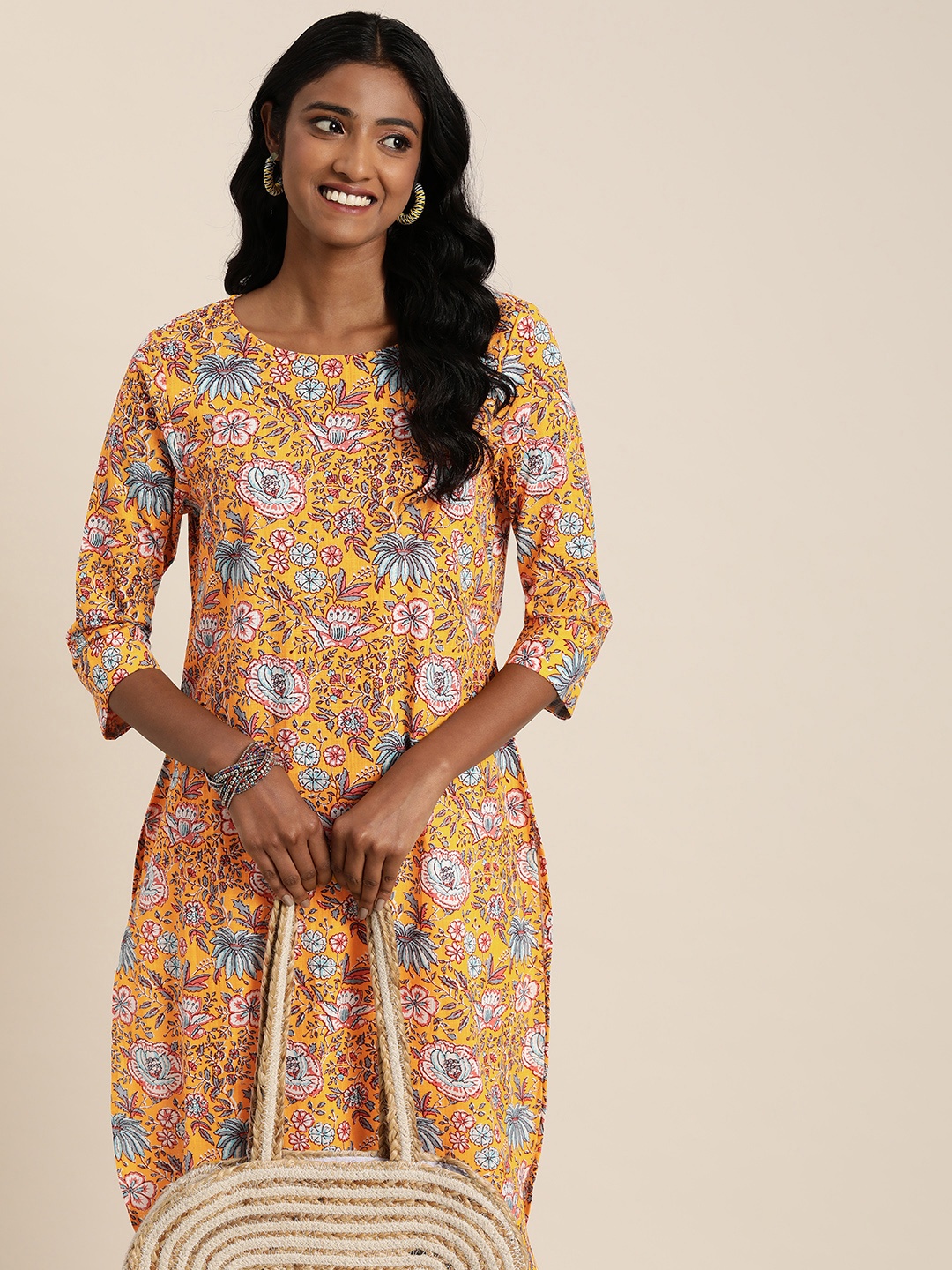 

Taavi Sangeneri Floral Printed Pure Cotton Kurta, Yellow