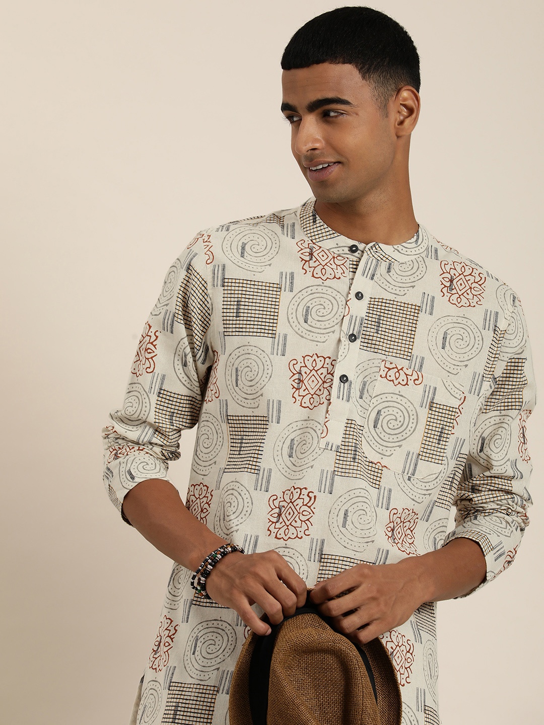 

Taavi Ethnic Motifs Printed Woven Legacy Pure Cotton Kurta, Off white