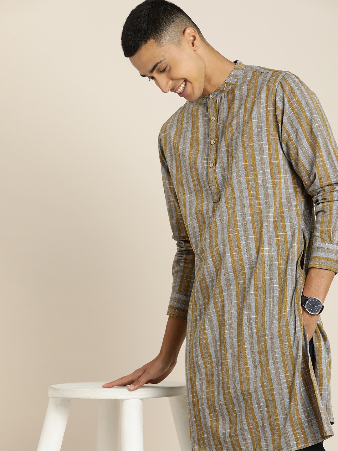 

Taavi Striped Woven Legacy Printed Straight Kurta, Khaki