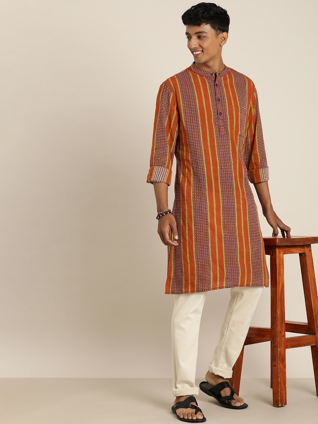 

Taavi Striped Woven Legacy Printed Pure Cotton Kurta, Blue