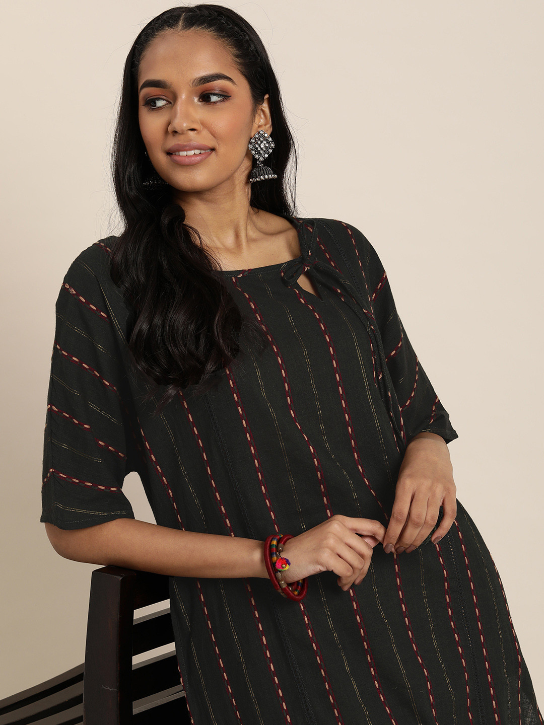 

Taavi Woven Legacy Keyhole Neck Self-Design Pure Cotton Kurta, Black