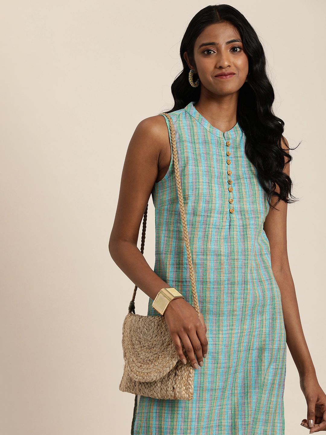 

Taavi Women Woven Legacy Pure Cotton Checked Kurta, Blue