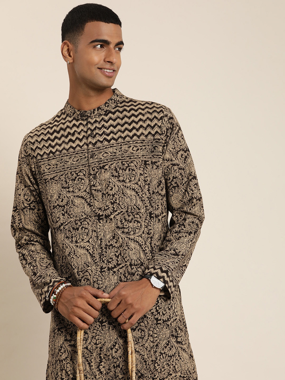 

Taavi Ethnic Motifs Kalamkari Printed Pure Cotton Kurta, Beige
