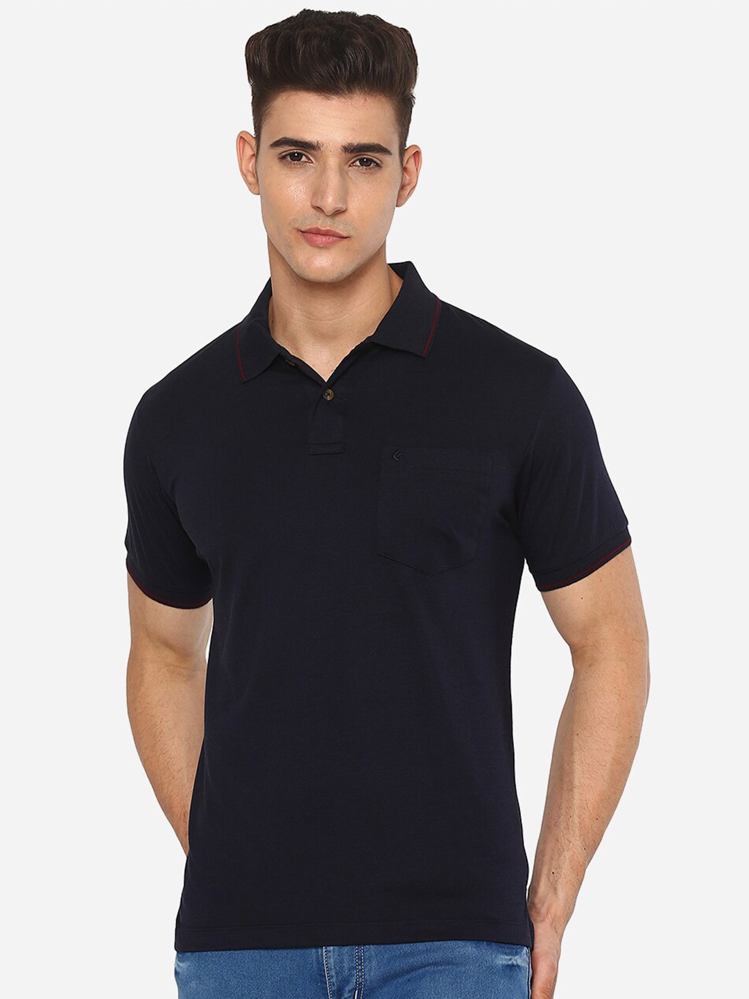 

Greenfibre Men Blue Polo Collar Slim Fit T-shirt