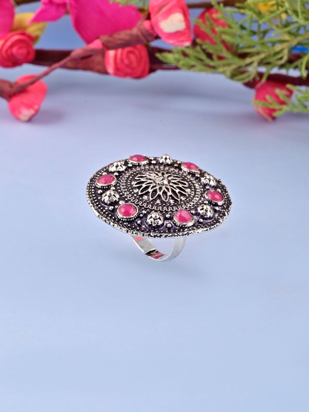

Tistabene Silver-Plated & Toned Pink Stone Studded Traditional Cocktail Finger Ring