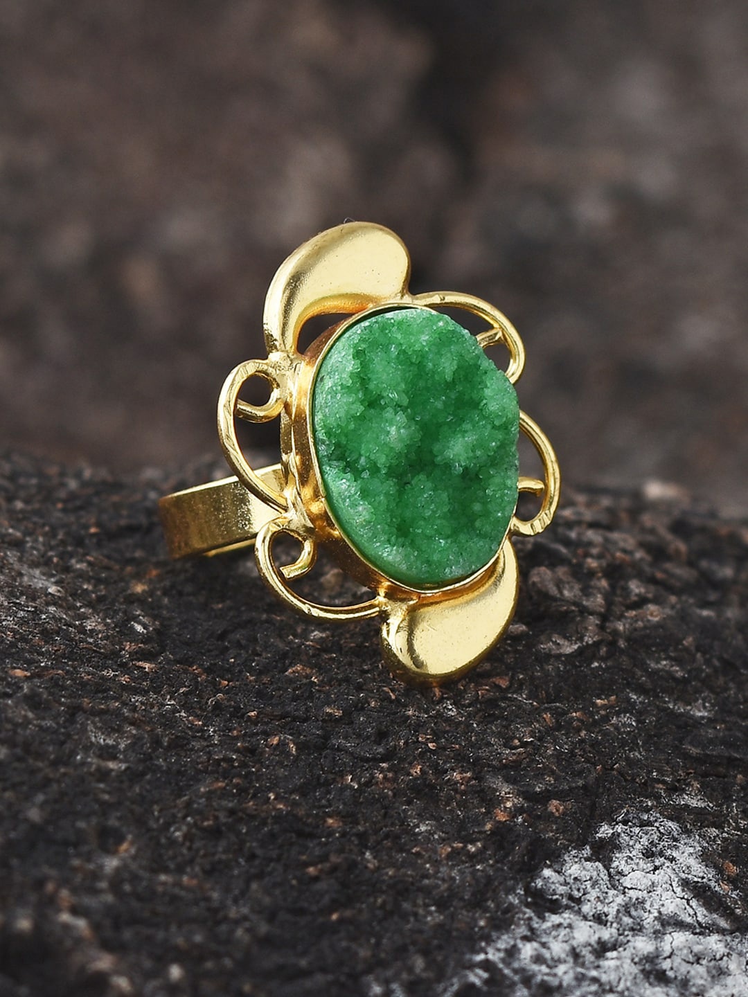 

Tistabene Gold-Plated Green Stone Studded Contemporary Drusy Cocktail Finger Ring