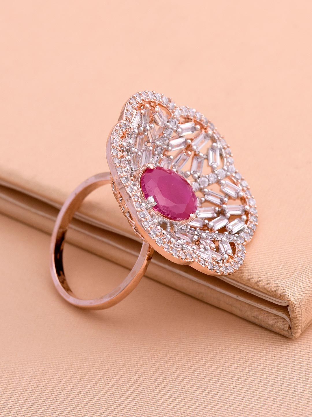 

Tistabene Gold-Plated Pink & White Stone-Studded Adjustable Finger Ring