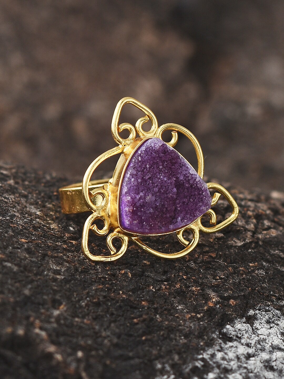 

Tistabene Gold-Plated Purple Stone-Studded Adjustable Finger Ring