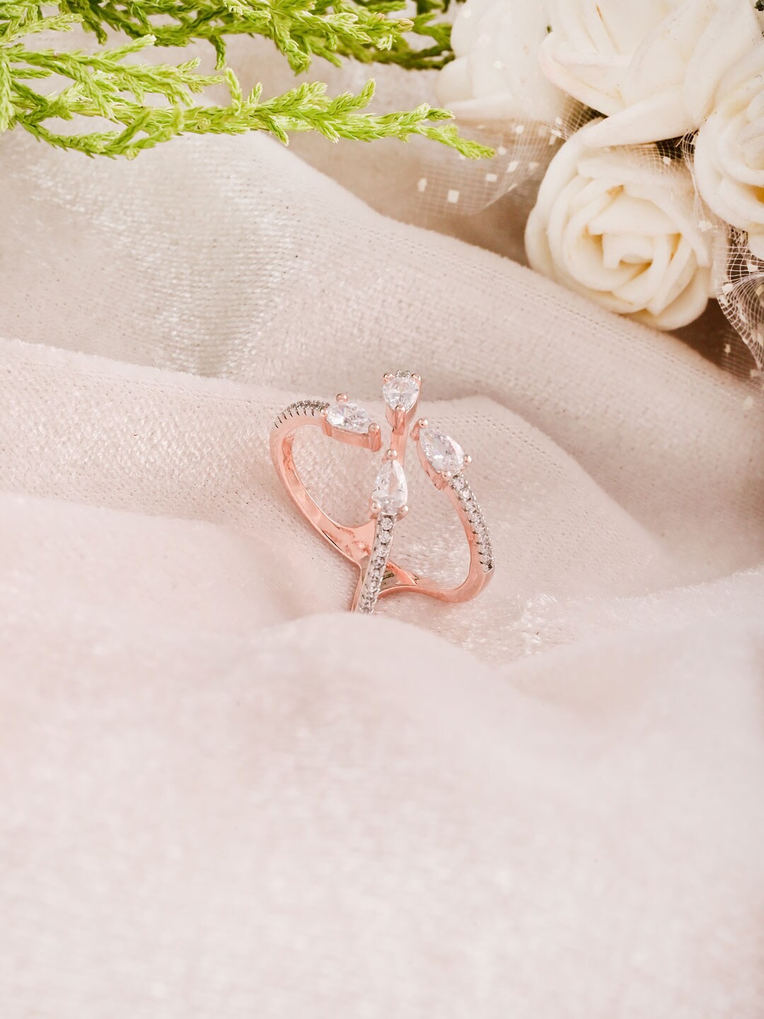 

Tistabene Rose Gold-Plated & White Stone-Studded Adjustable Finger Ring