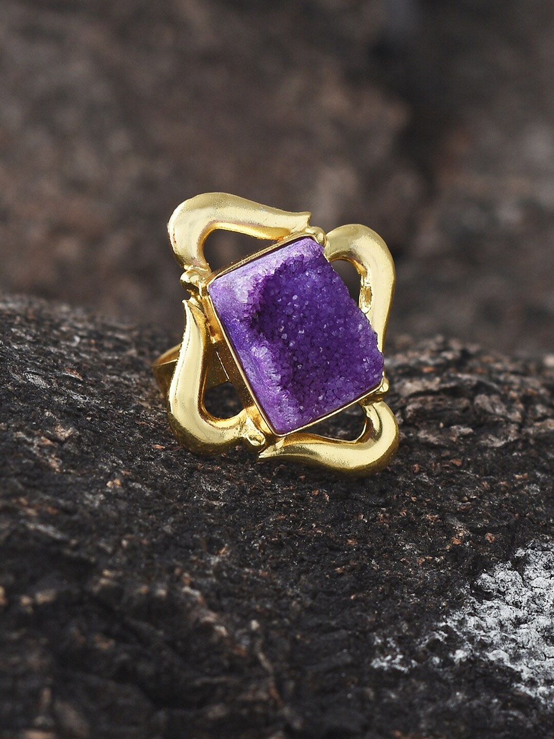 

Tistabene Gold-Plated Purple Stone Studded Contemporary Drusy Cocktail Finger Ring