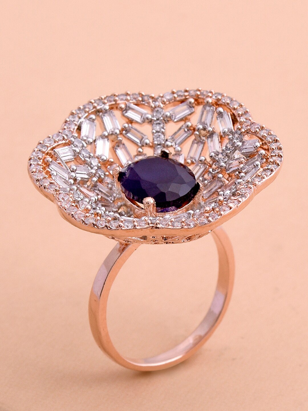 

Tistabene Gold-Plated Blue & White Stone-Studded Adjustable Finger Ring