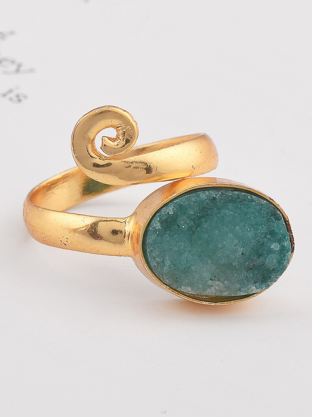 

Tistabene Gold-Plated Gold-Toned Green Stone Studded Adjustable Finger Ring