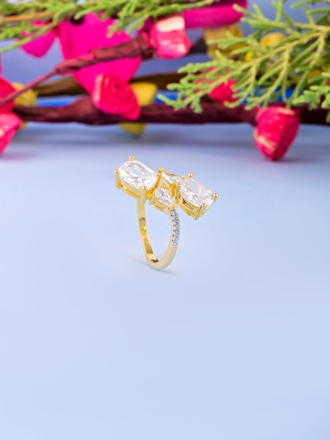 

Tistabene Gold-Plated White Diamond-Studded Cocktail Finger Ring