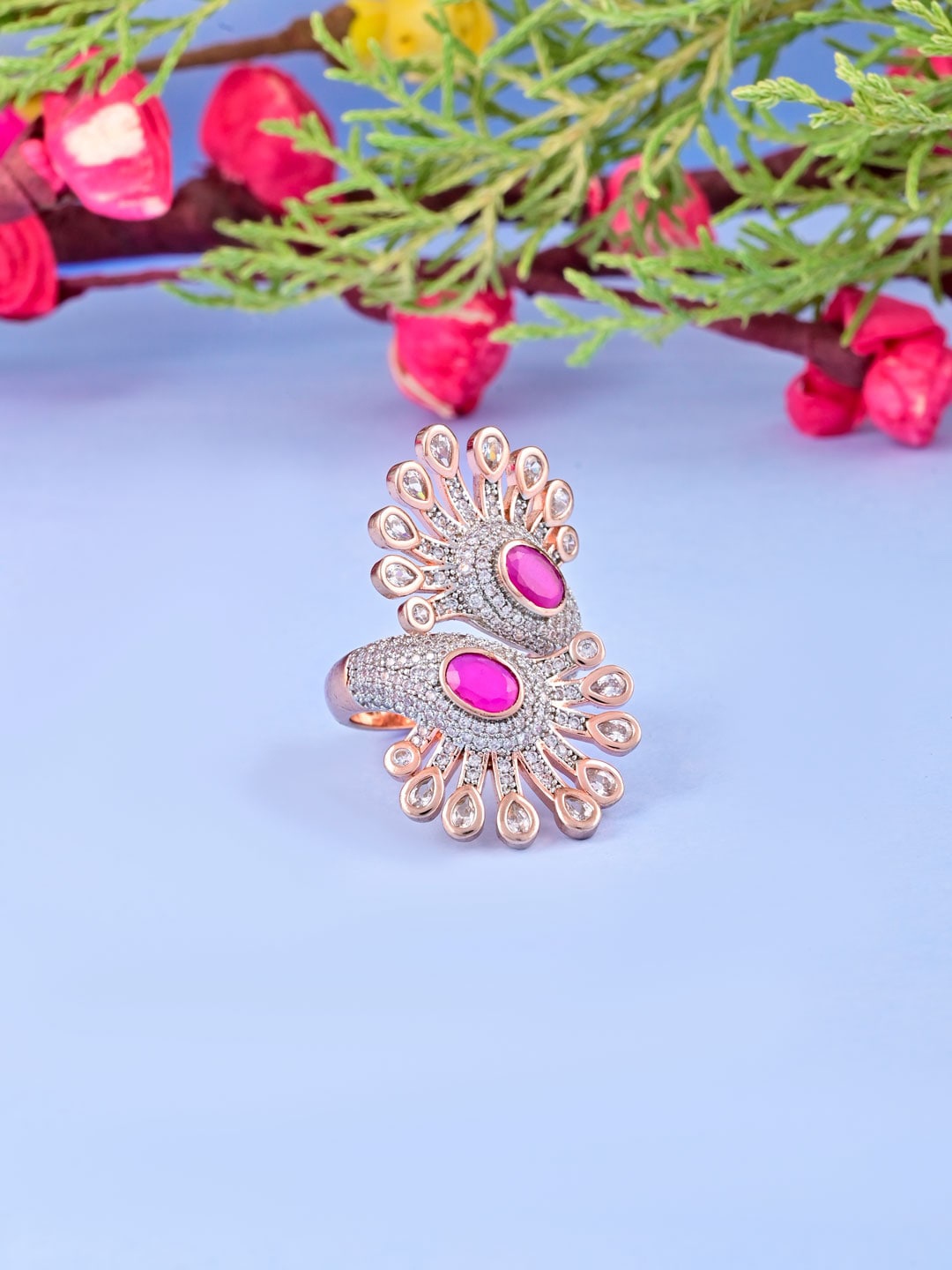 

Tistabene Rose Gold-Plated Pink Stone-Studded Cocktail Finger Ring