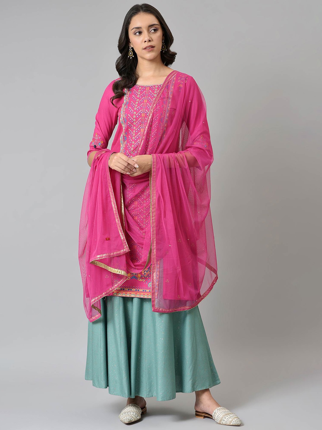 

W Pink & Gold-Toned Poly Crepe Dupatta