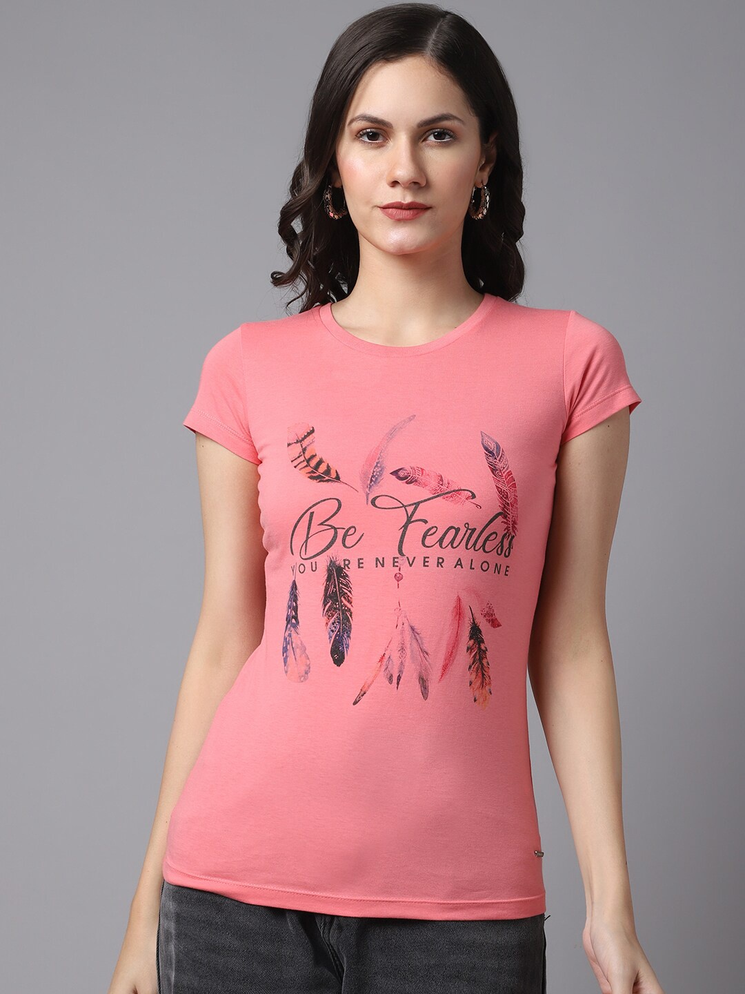 

Crozo By Cantabil Women Coral Typography Printed T-shirt