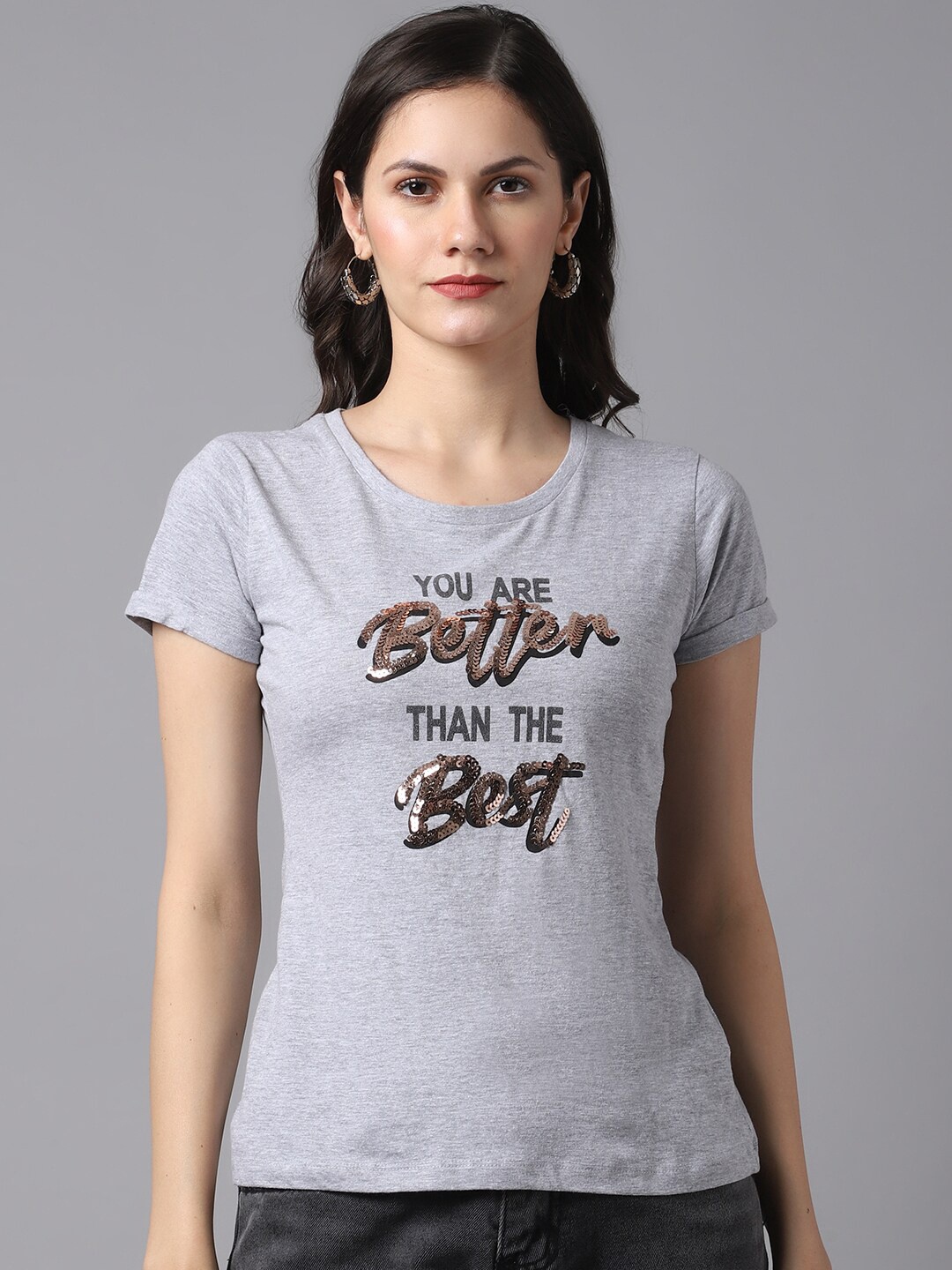 

Crozo By Cantabil Women Grey Melange Typography Printed T-shirt
