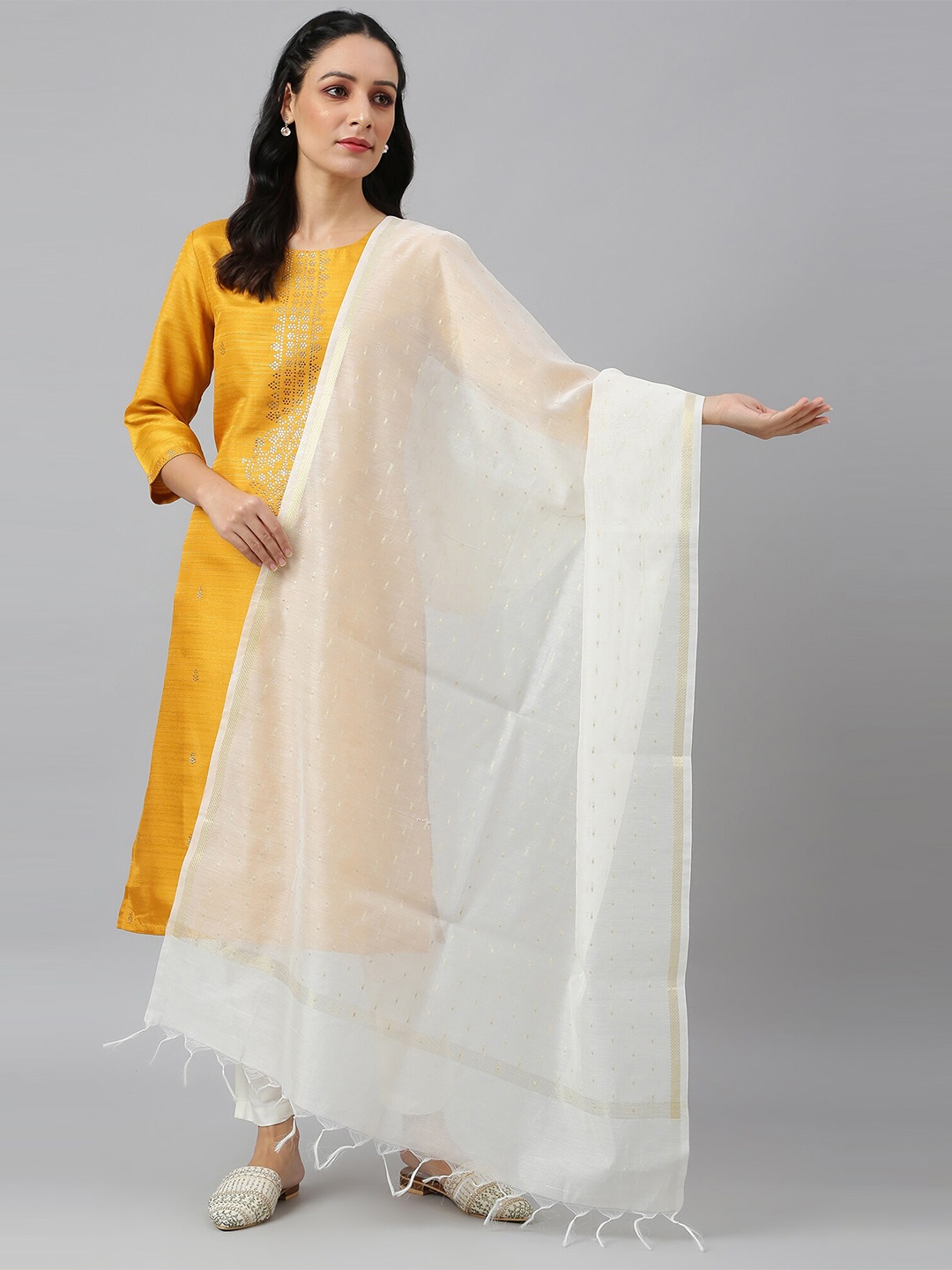 

WISHFUL White Chanderi Dupatta with Gold Jacquard Dot