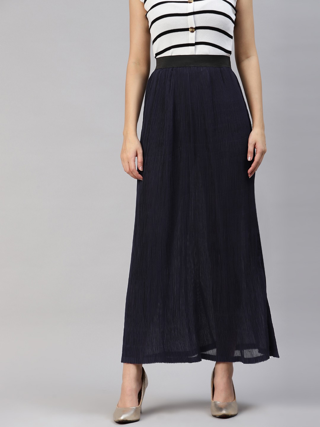 

MBE Women Navy Blue Solid Accordian Pleated Skirt