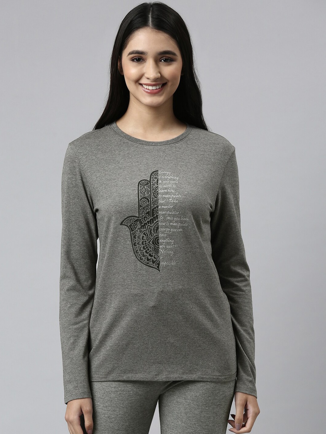 

Enamor E157 Basic Crew Neck Stretch Cotton Tee for Women with Graphic Print & Long Sleeves, Grey