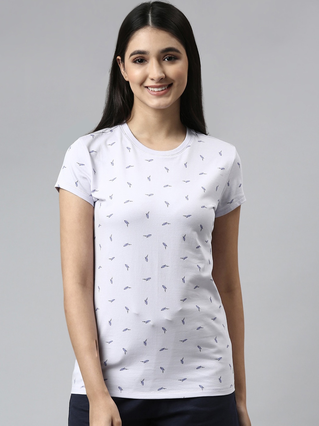 

Enamor Essentials Women Printed Slim Fit Cotton Purple Lounge T-Shirt