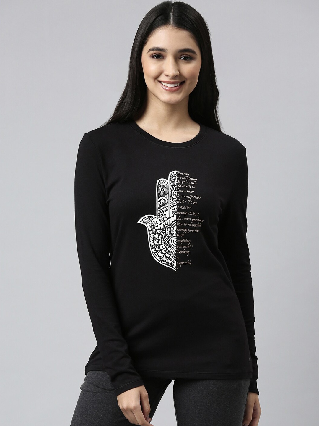 

Enamor E157 Basic Crew Neck Stretch Cotton Tee for Women with Graphic Print & Long Sleeves, Black