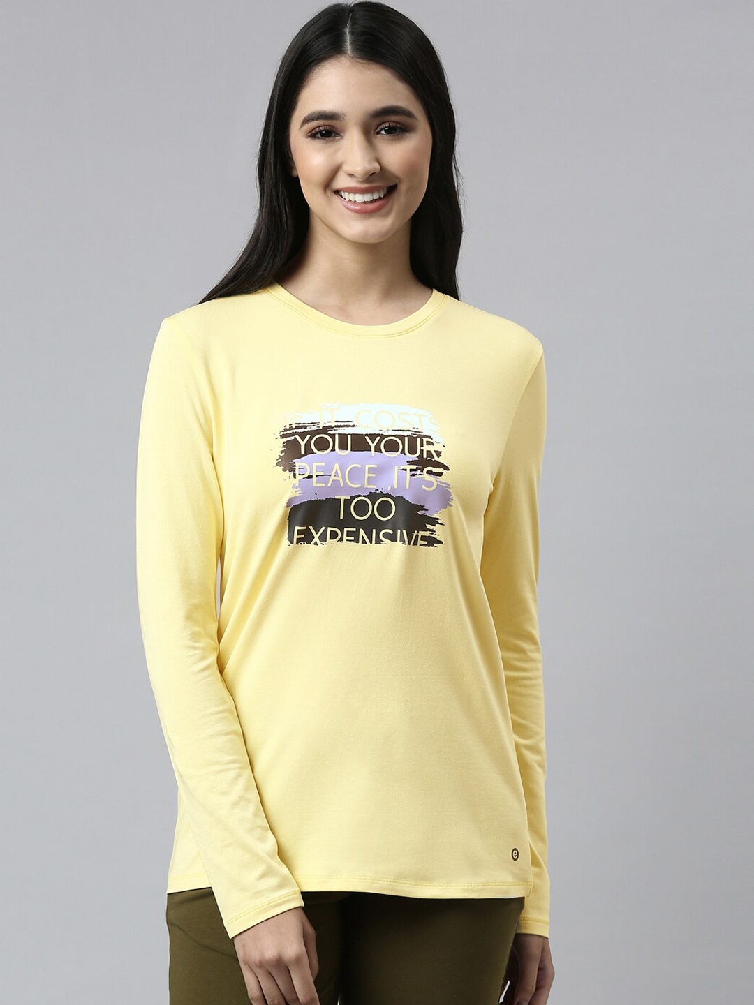 

Enamor E157 Basic Crew Neck Stretch Cotton Tee for Women with Graphic Print & Long Sleeves, Yellow