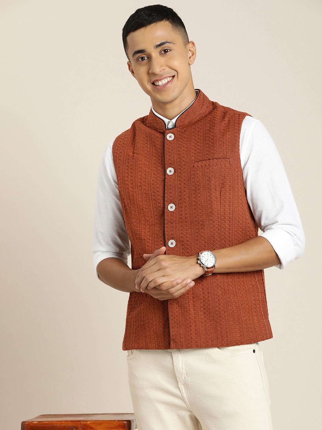 

Taavi Men Pure Cotton Woven Legacy Nehru Jacket, Rust