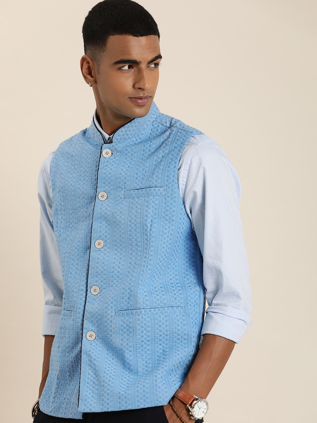 

Taavi Men Pure Cotton Woven Legacy Nehru Jacket, Blue