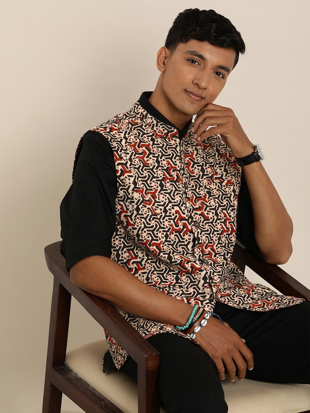 

Taavi Men Pure Cotton Ethnic Printed Bagru Nehru Jacket, Beige