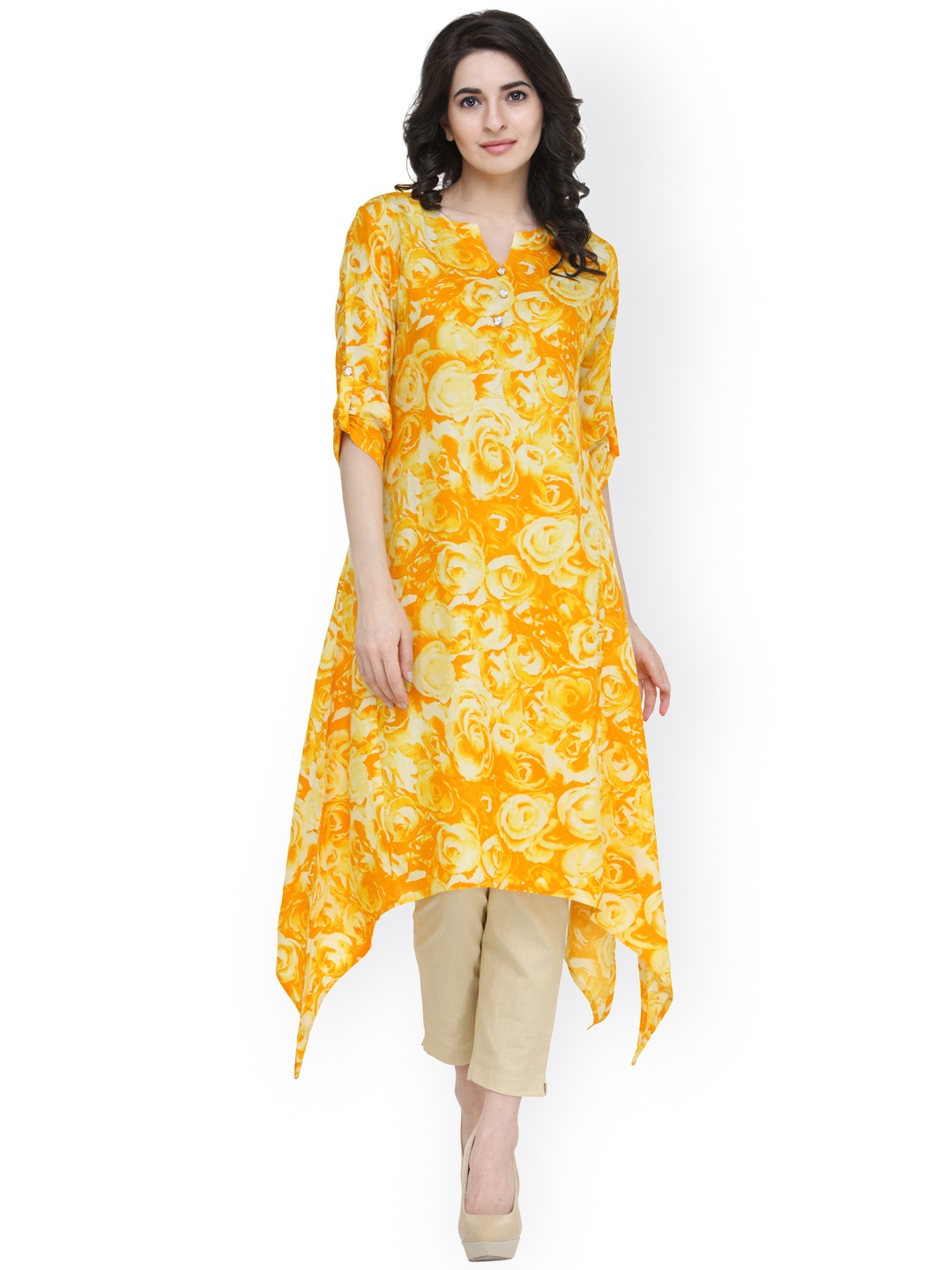 

Indibelle Women Yellow & Cream-Coloured Printed Kurta with Trousers