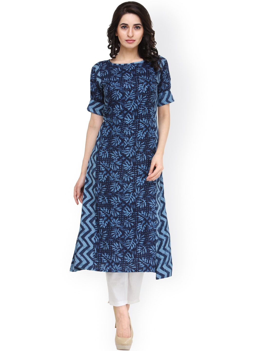 

Indibelle Women Blue & White Printed Kurta with Trousers