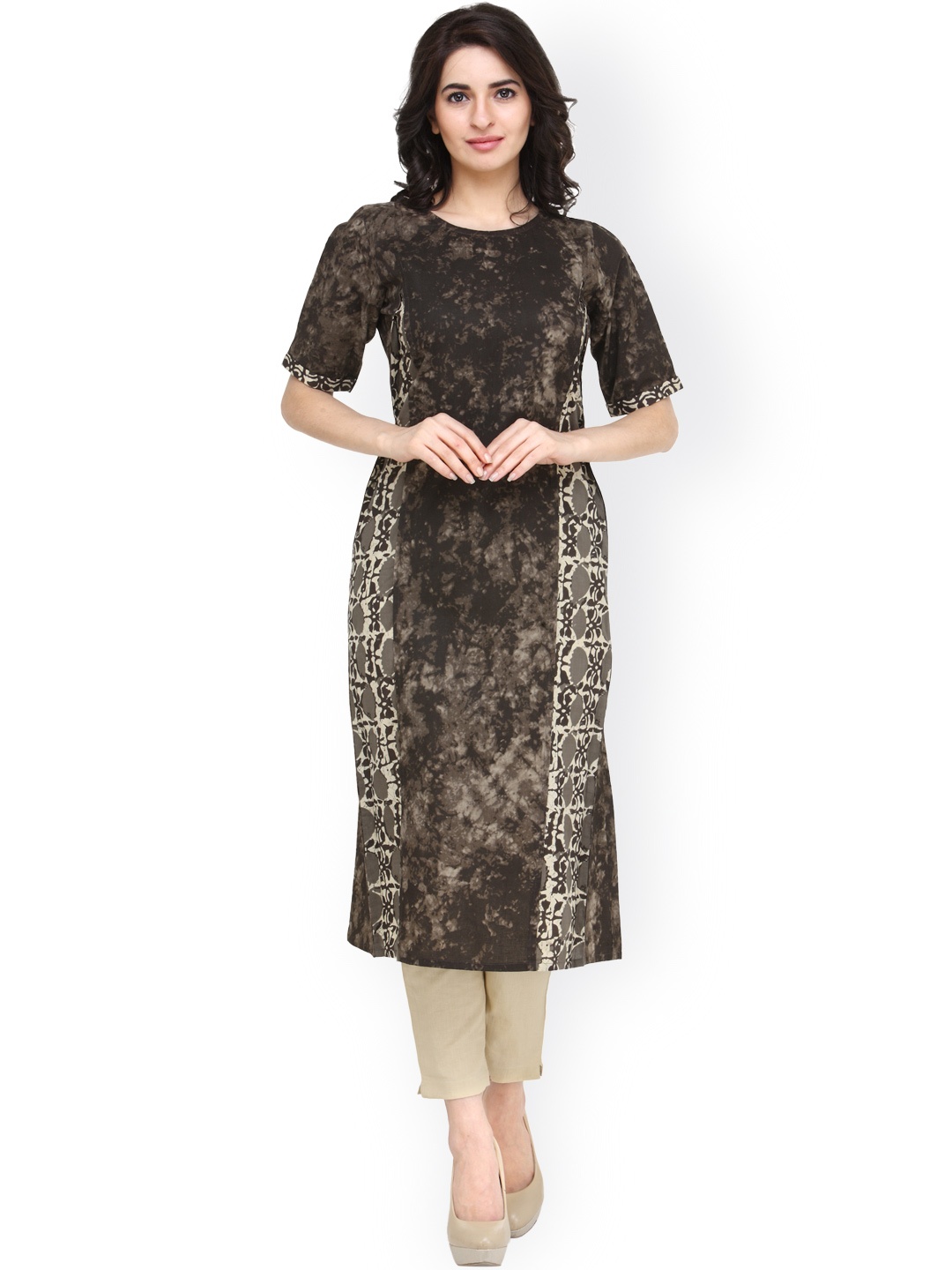 

Indibelle Women Brown & Cream-Coloured Printed Kurta with Trousers