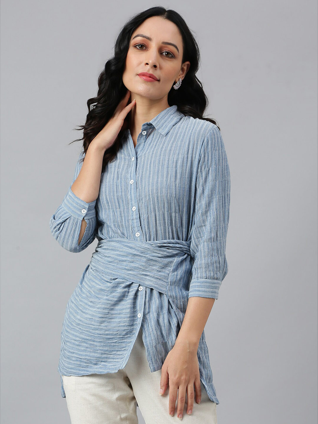 

W Striped Cotton Casual Shirt, Blue