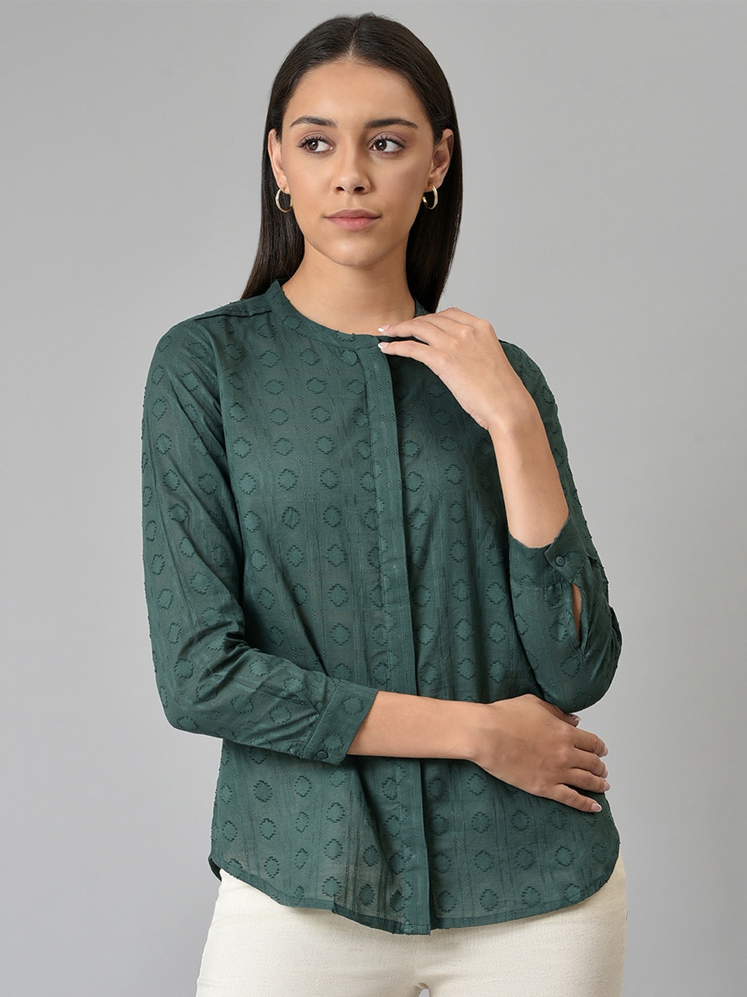 

W Women Green Organic Cotton Printed Casual Shirt