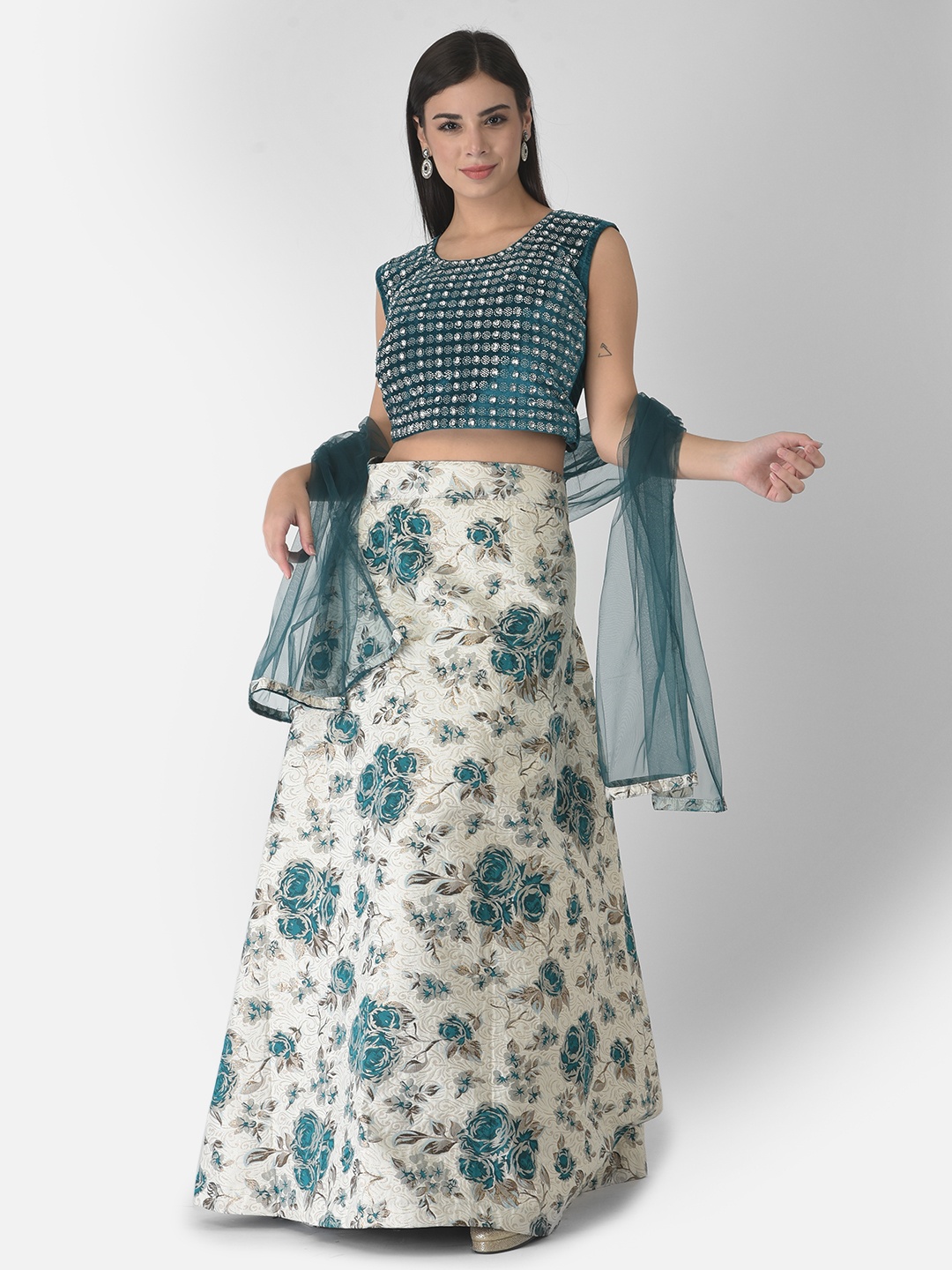 

FNOCKS Embellished Velvet Ready to Wear Lehenga & Blouse With Dupatta, Teal