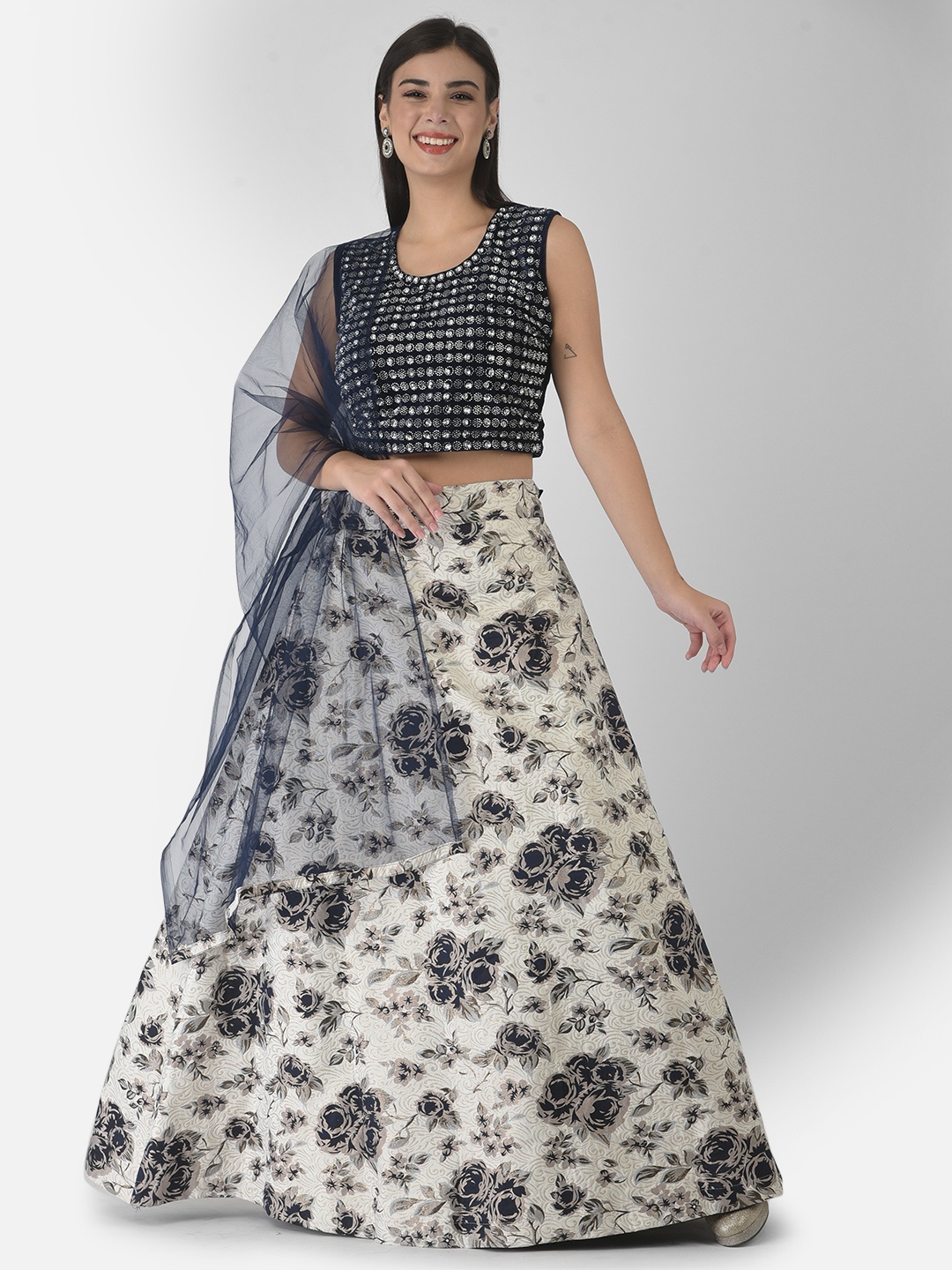 

FNOCKS Navy Blue & Cream-Coloured Embellished Ready to Wear Lehenga & Blouse With Dupatta