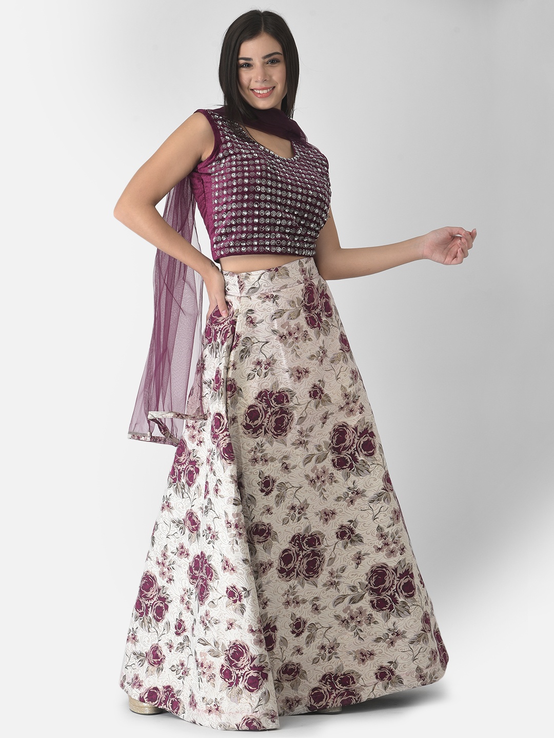 

FNOCKS Lavender & Off White Embellished Ready to Wear Lehenga & Blouse With Dupatta