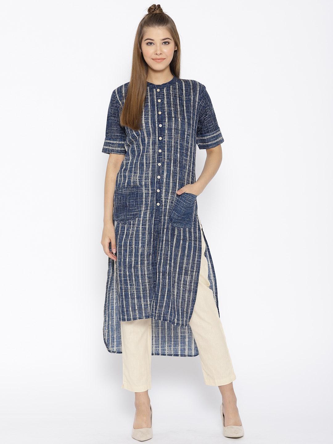 

Indibelle Women Navy Blue & Cream-Coloured Striped Kurta with Trousers